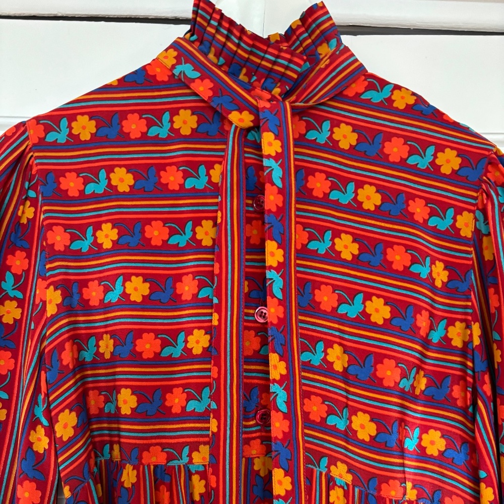 Vintage Guy Laroche Diffusion Paris 70s Silk Pussybow Ties Pleats Dress 36